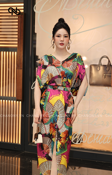 ĐẦM SUÔNG HỌA TIẾT KHỐI CỔ TIM