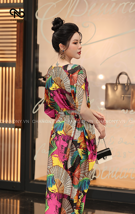 ĐẦM SUÔNG HỌA TIẾT KHỐI CỔ TIM