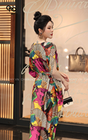 ĐẦM SUÔNG HỌA TIẾT KHỐI CỔ TIM